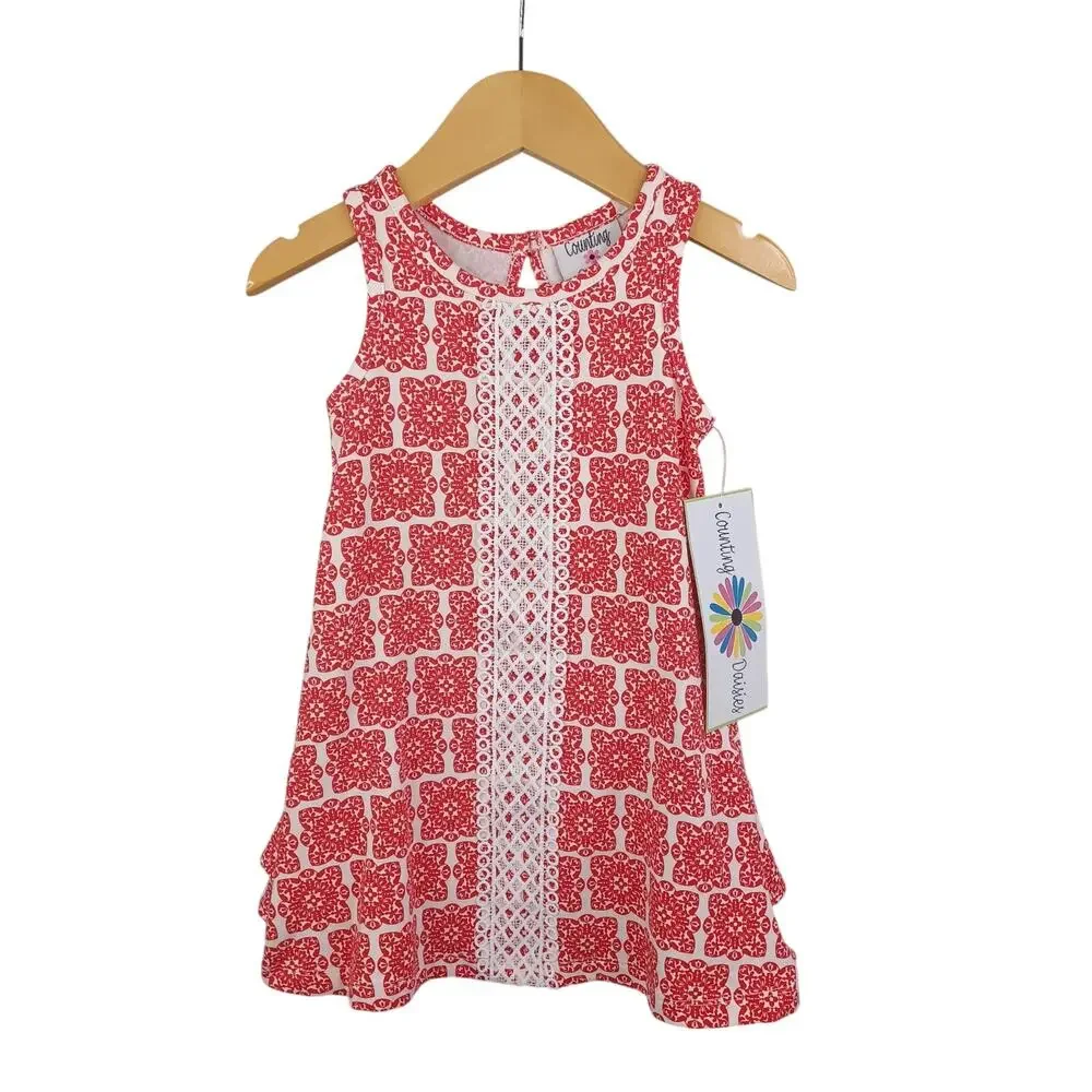 Counting Daisies Girls Lace Trim Ruffle Knit A-line Dress Size 2T Red White NWT